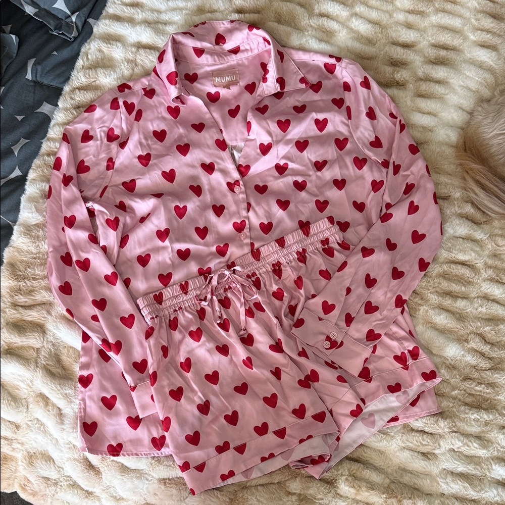 Show Me Your MuMu Pink Pajama Set with Red Heart Print